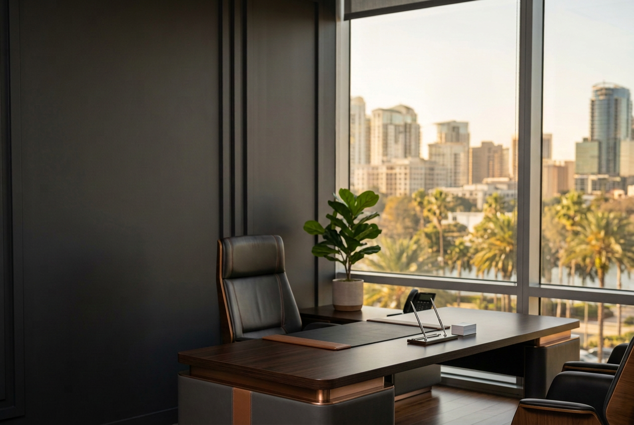 Warm sunlight over an Orlando office and city skyline